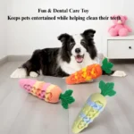 10006 Dog playing with silicone carrot squeaky chew toy indoors