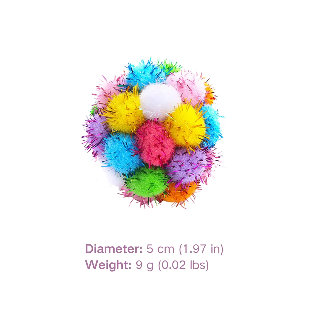 Size chart of 3-pack glitter interactive cat toy balls with bell