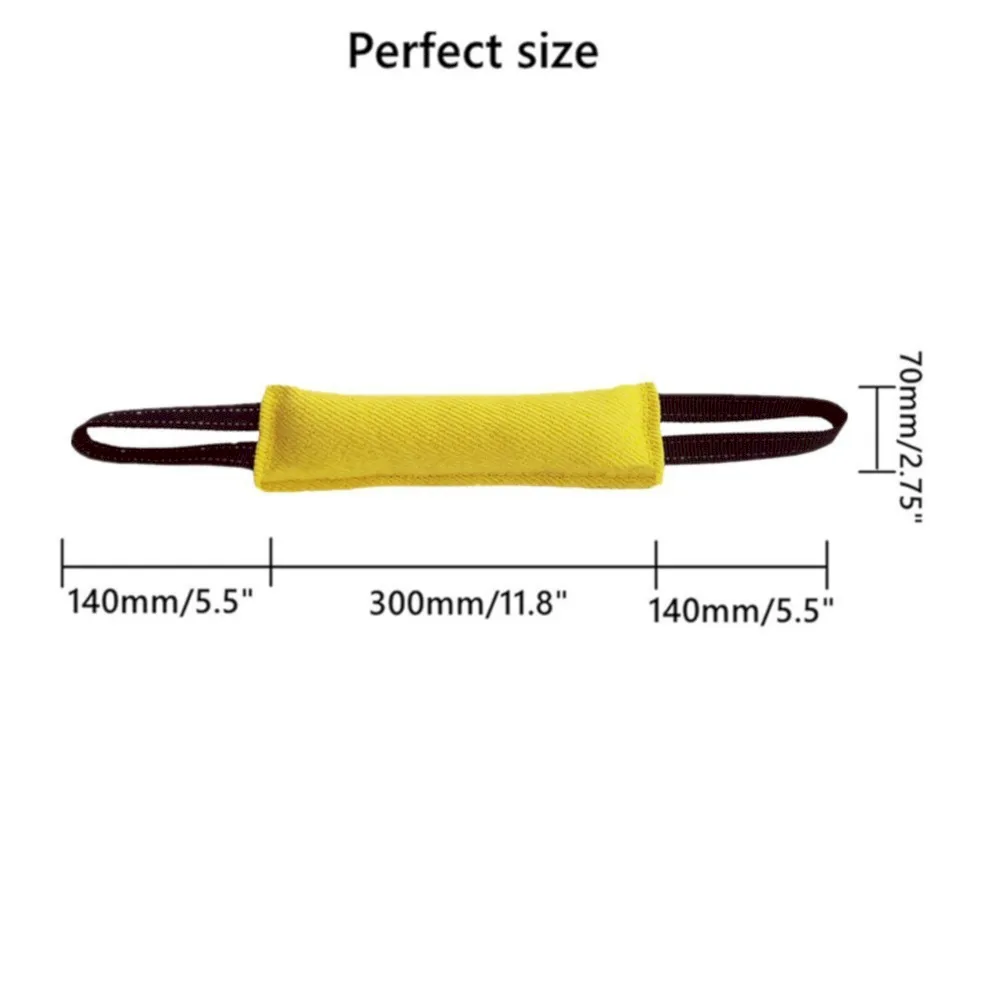 Size chart of dog tug training toy with length and handle dimensions