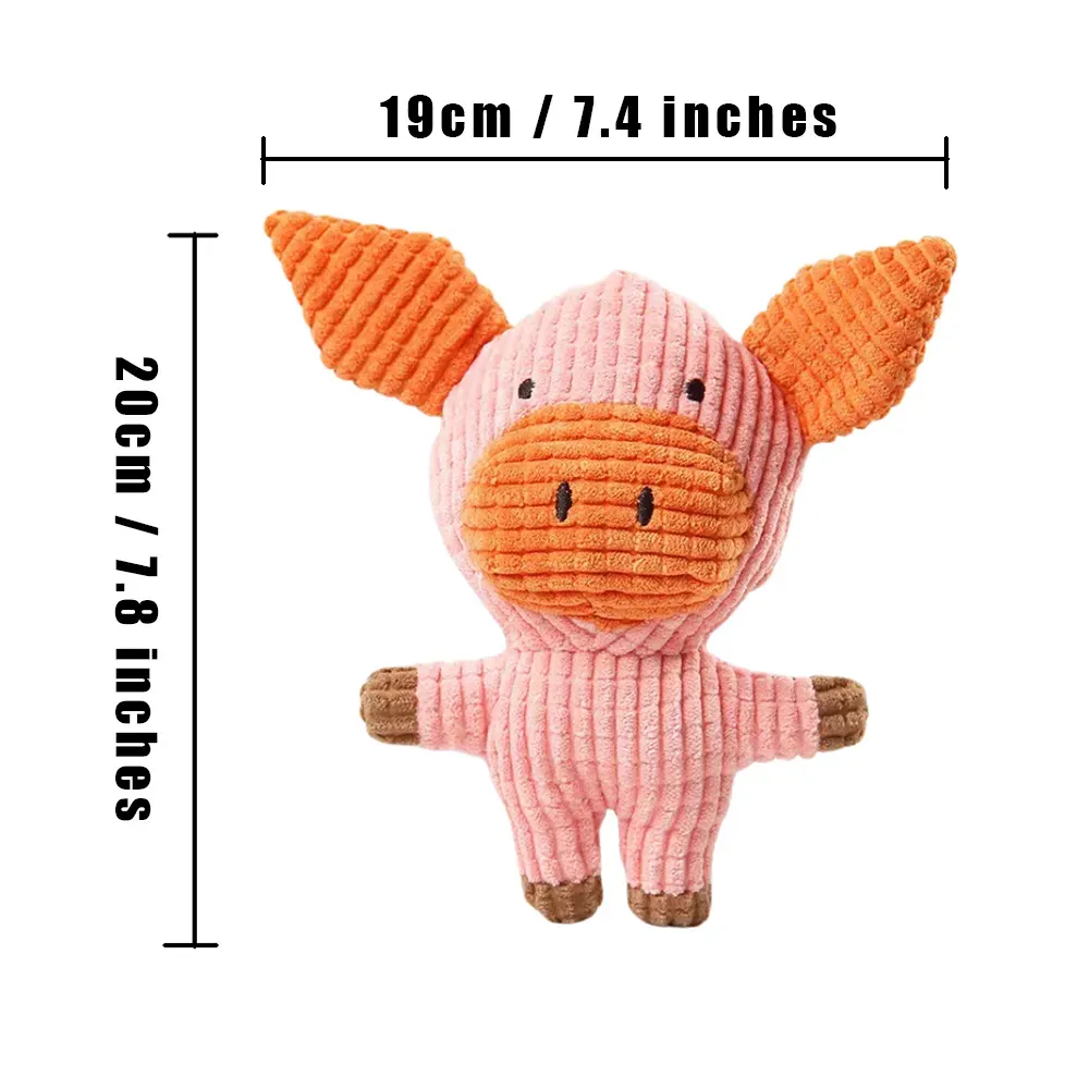 Size reference chart of plush pig dog toy in pink for puppies and small dogs