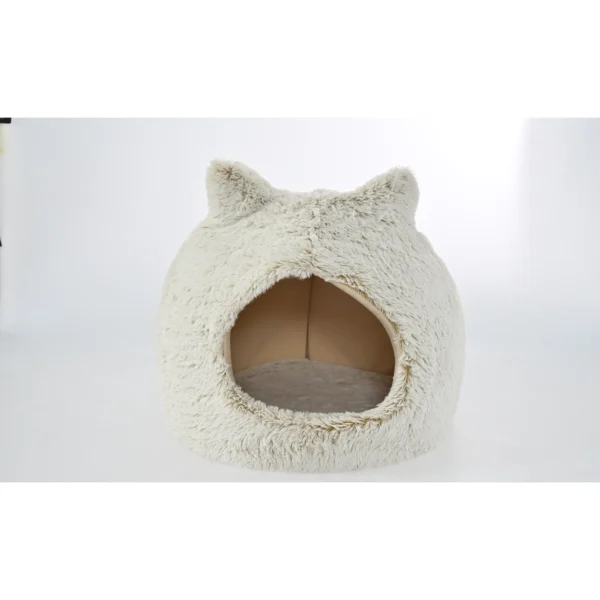 10006 Close-up of soft plush fabric and interior cushion of cat cave bed, wholesale pet supplies.