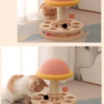 10006 Close-up of wooden cat scratching post with sisal rope and interactive balls