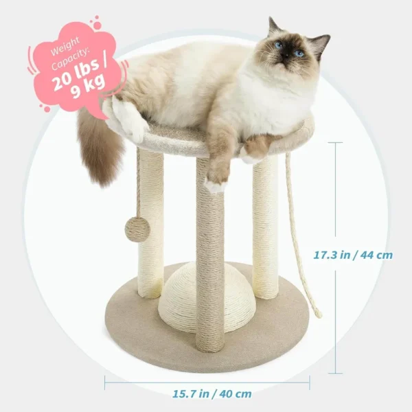 10006 Product size chart of small cat tree with sisal scratching posts and rope toy