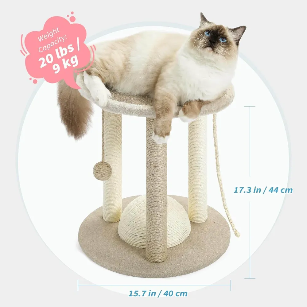 Product size chart of small cat tree with sisal scratching posts and rope toy