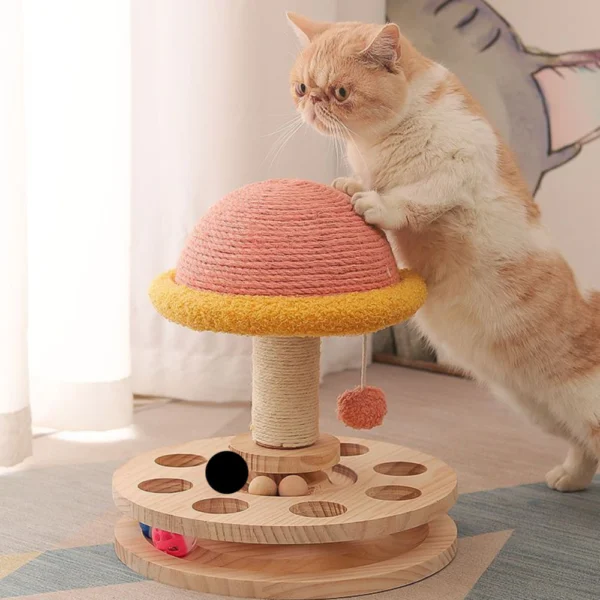 10007 Cat playing with 2-in-1 scratching post and track ball toy in a home setting