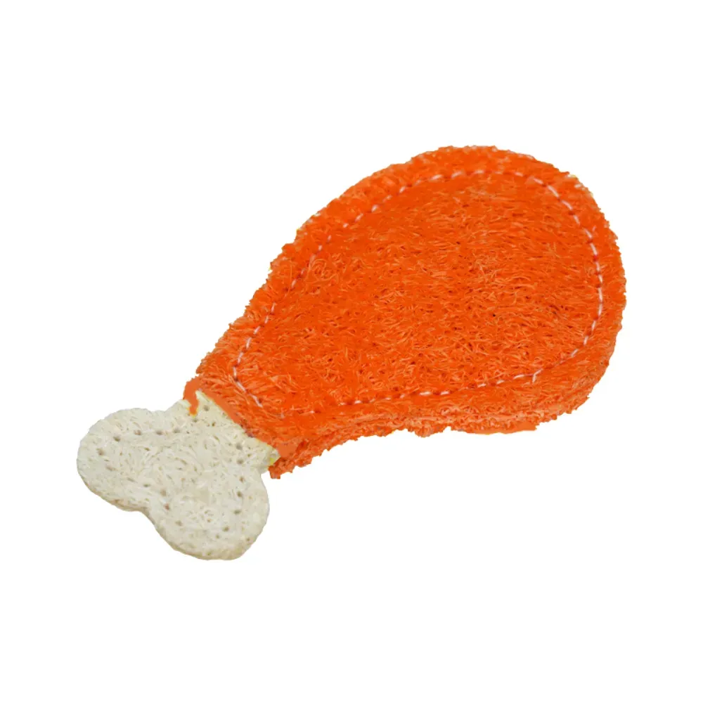 Natural loofah cat chew toy shaped like chicken drumstick, eco-friendly pet teething toy for cats and kittens.