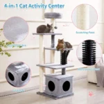 10007 Large cat climbing and lounging on wholesale multi-level cat tree tower in modern pet store