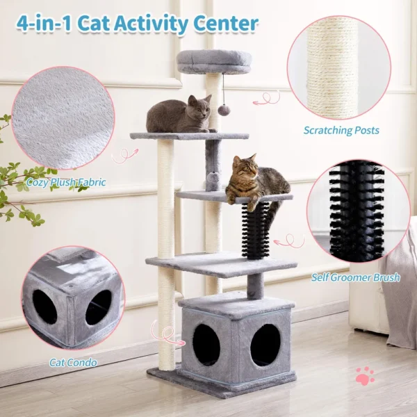10007 Large cat climbing and lounging on wholesale multi-level cat tree tower in modern pet store