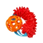 Red TPR treat dispensing dog toy with plush rope