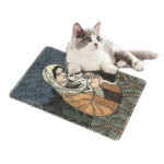 Wholesale jute cat scratcher mat with Virgin Mary design, durable and shedding-resistant surface for cats
