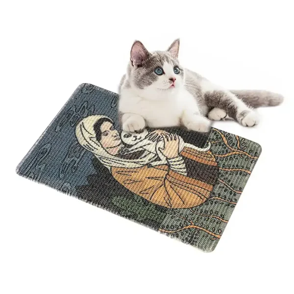 Wholesale jute cat scratcher mat with Virgin Mary design, durable and shedding-resistant surface for cats