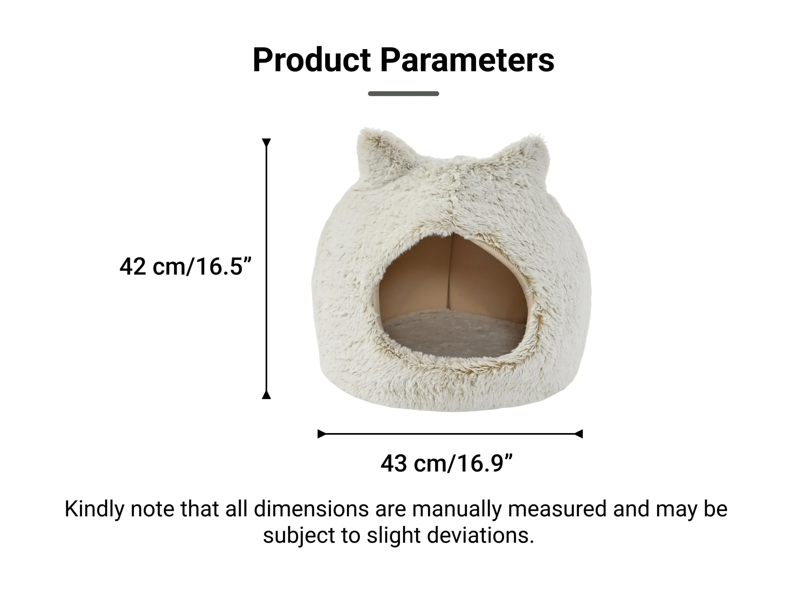 Size chart of plush cat cave bed with ear design, wholesale pet bed for cats and small animals.