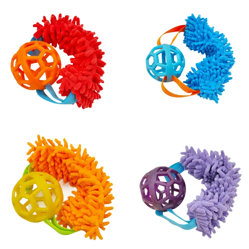 Wholesale TPR treat dispensing dog toy with plush rope tug attachment – assorted colors