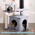 10011 Close-up of reinforced scratching post and plush-covered platform on wholesale cat condo tower