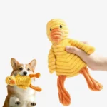 Interactive squeaky plush pet toy showing sound and play function