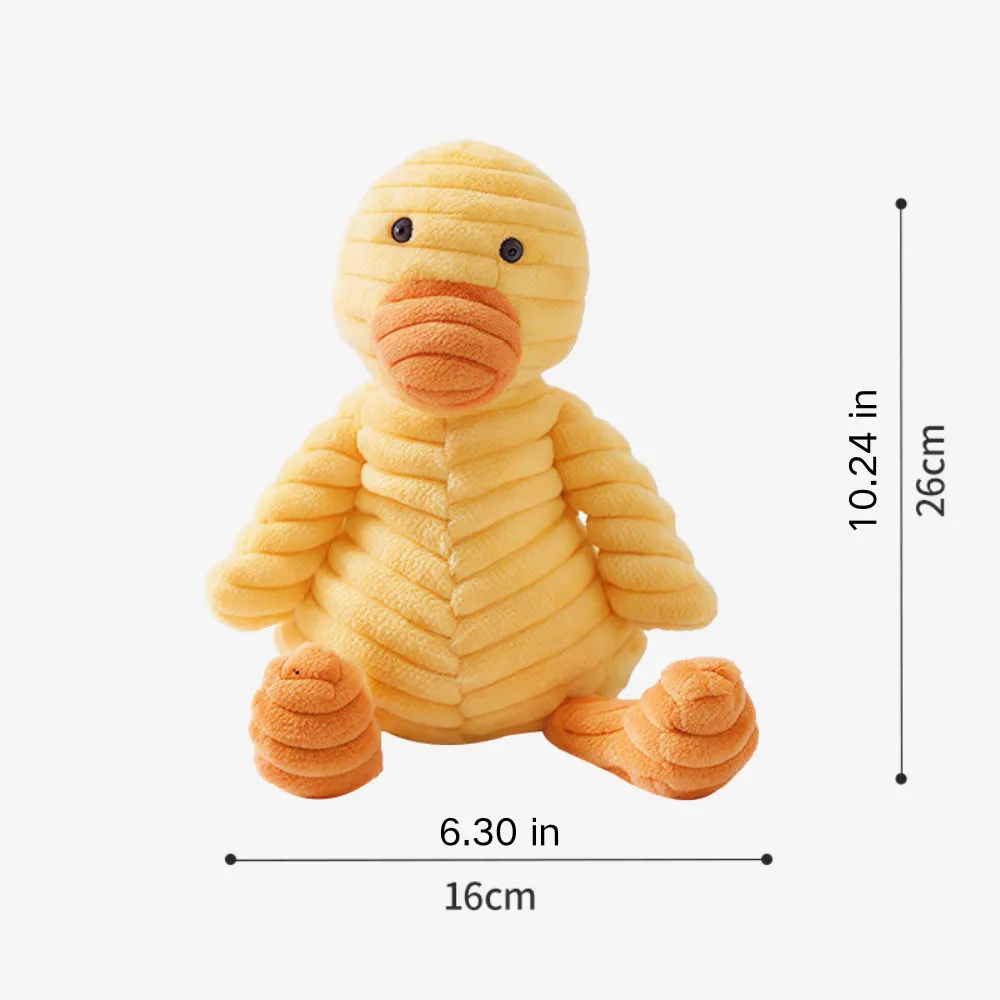 Size comparison chart of wholesale squeaky plush dog toys (dog, duck, bear)