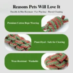 Close-up of durable cotton rope texture and tennis ball connection on Christmas dog toy