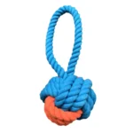 Dog rope ball toy with handle in blue and orange – bulk pet supplies for stores