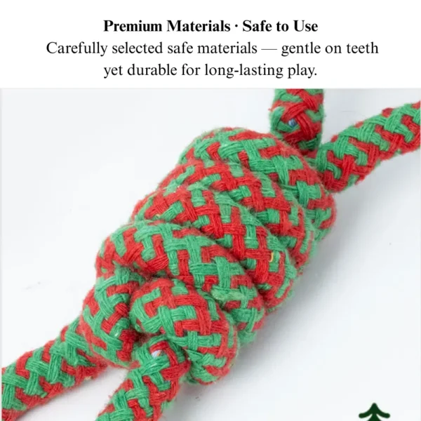 547c434759e5d3fcf84116ba71dc73dc Close-up of durable cotton rope texture and tennis ball connection on Christmas dog toy