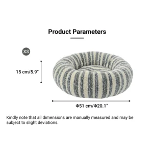 Size chart of XS round striped donut pet bed for cats and small dogs.