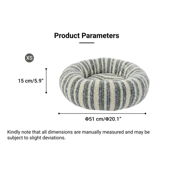 641bae3f4410ba2852a12f8094cb2983 Size chart of XS round striped donut pet bed for cats and small dogs.