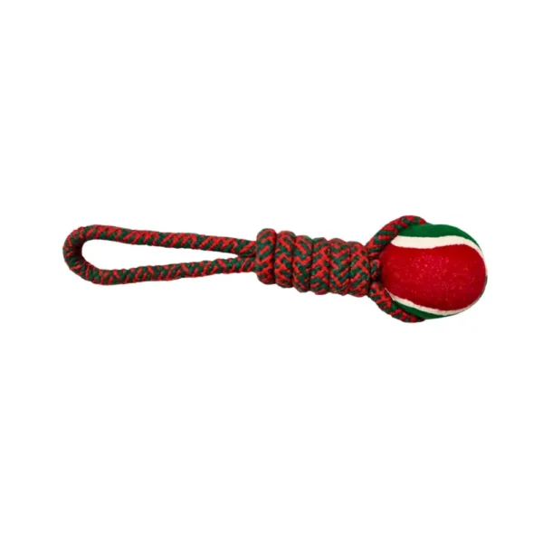 Christmas cotton rope dog toy with tennis ball for chewing and tug play, red festive design