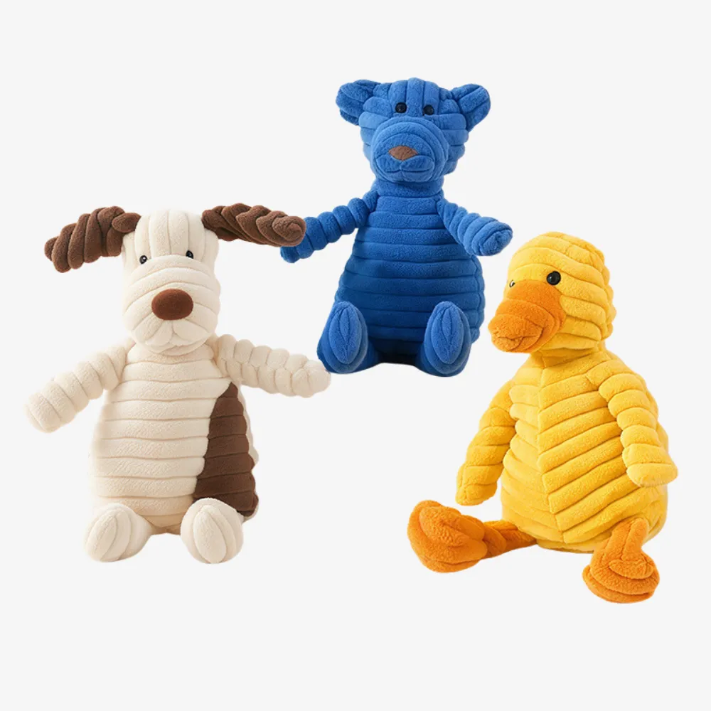 Wholesale interactive squeaky plush dog toys in dog, duck, and bear designs for pet shops