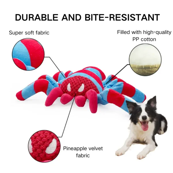 72abc84ddbecd4bd635d2047508eedbb Close-up of durable stitching and soft plush fabric on spider dog toy