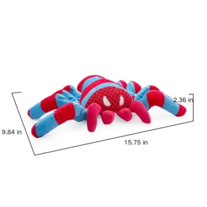 Spider-shaped squeaky plush dog toy with size reference for small and medium dogs