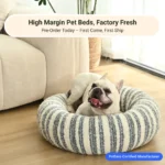 Small Dog resting in soft striped donut pet bed, XS round cushion.