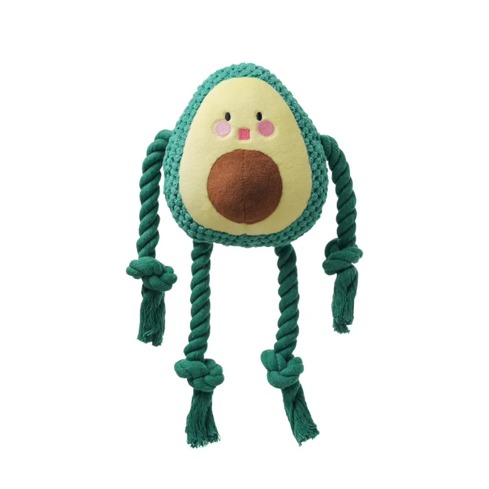 Cute avocado plush squeaky dog toy with green rope knots for chewing