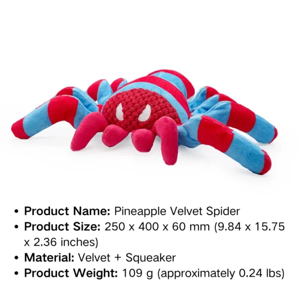 d72d1854848b96bdb705e66e3c9a3359 Dog playing with squeaky spider plush toy indoors