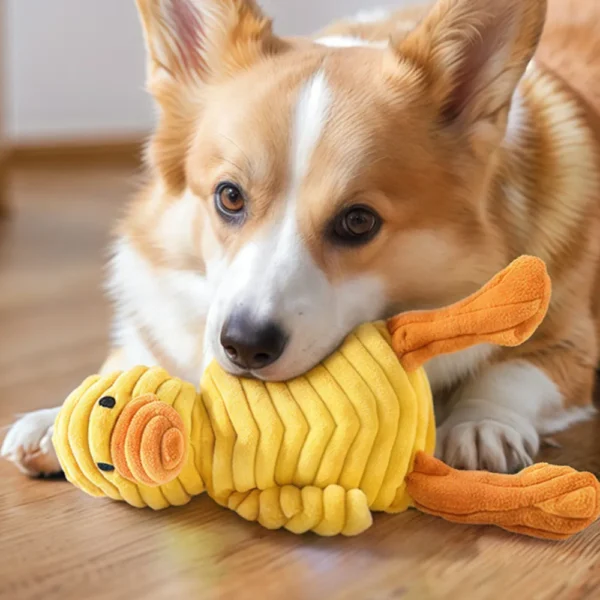 dcd5d862bc1acec16464c0d6eb54aafd Interactive squeaky plush pet toy showing sound and play function