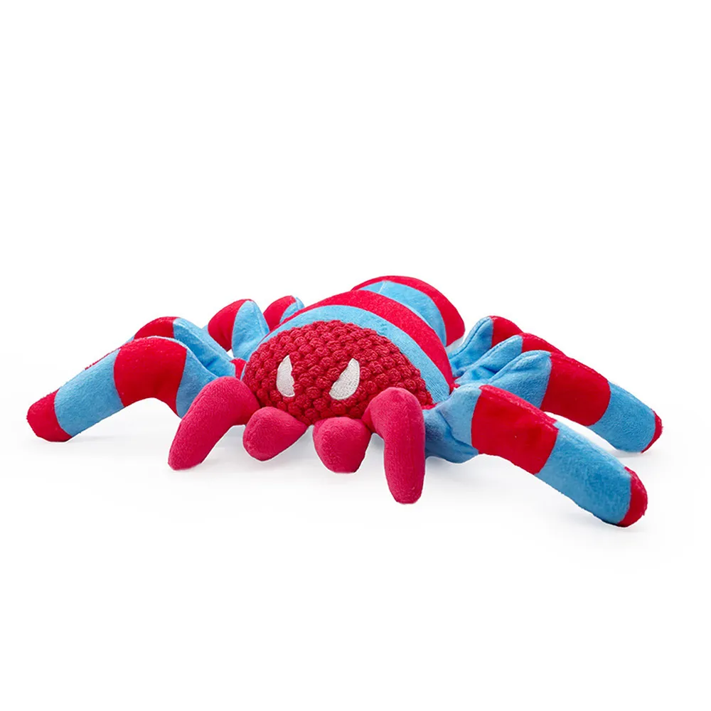 Durable plush spider dog toy with squeaker for interactive play