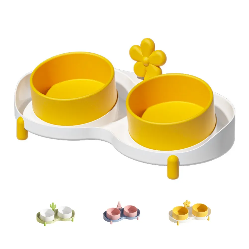 Ceramic Tilted Double Pet Bowl with Elevated Anti-Spill Base for Cats and Dogs Wholesale