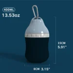 123 Dimensions of portable pet water bottle for dogs and cats, ideal for travel use.
