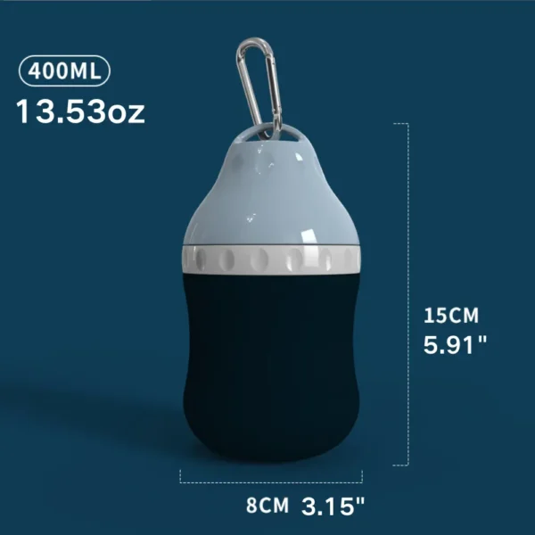 123 Dimensions of portable pet water bottle for dogs and cats, ideal for travel use.