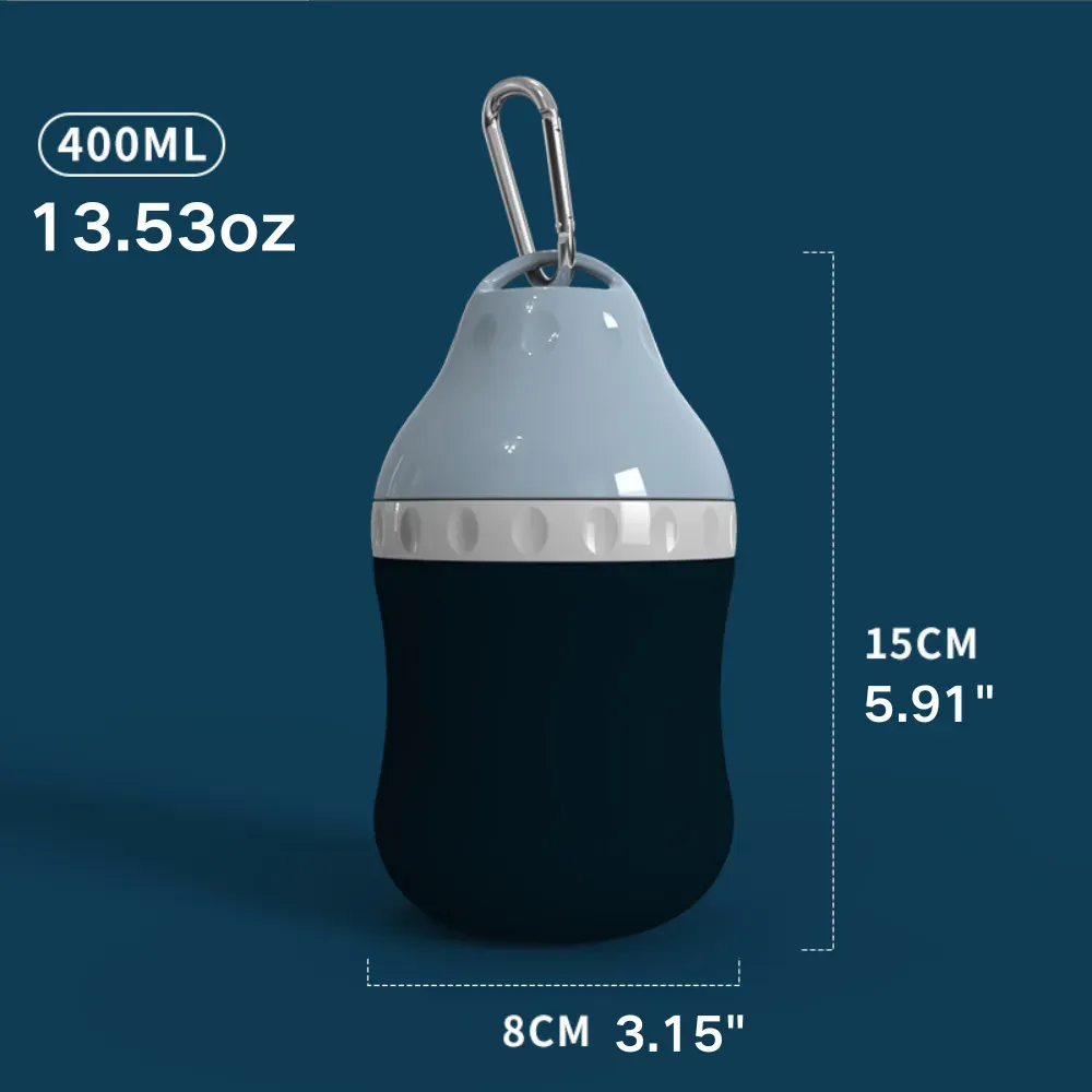 Dimensions of portable pet water bottle for dogs and cats, ideal for travel use.