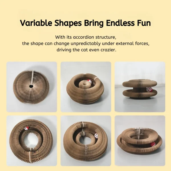 1ffe9d62886ea7c9827c1ee7359aae3f Close-up of cardboard accordion cat scratcher with bell toy