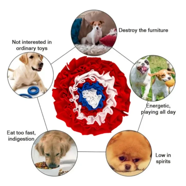23bf22641cd5171dd31027b0b2177047 Dog using round snuffle mat for interactive feeding and sniff training