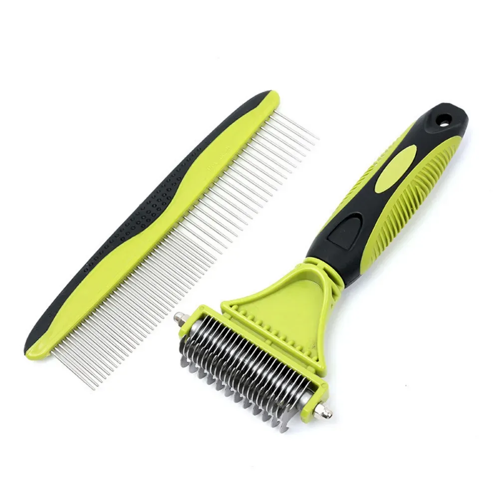Dual-purpose pet grooming comb set with dematting rake and detangling comb for dogs and cats.