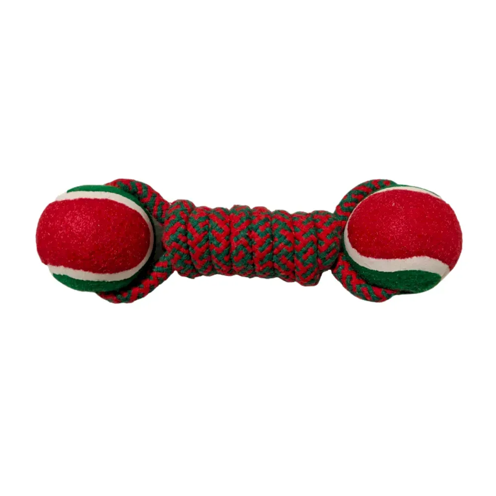 Christmas Cotton Rope Dog Toy Dumbbell with Tennis Balls – Red Green Festive Design