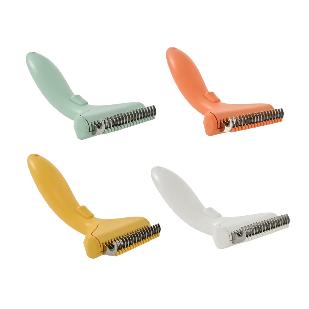 One-click pet grooming rake with ergonomic handle in assorted colors – easy hair removal brush for cats and dogs