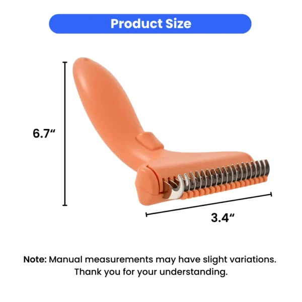 443f64179506c6d23c152a6219e7365b Size reference chart for one-click pet grooming rake showing length and blade width measurements