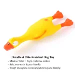 48b356d1d4bec6e8a4cef6d4cd30eff6 Dog playing with yellow latex duck squeaky toy indoors.