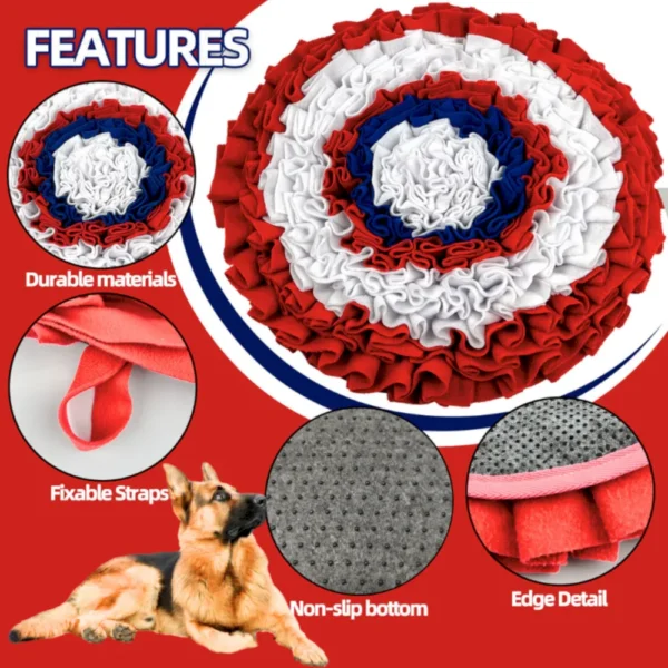 65e63c90cce00d6684359f253d613334 Close-up of fleece layers and stitching on durable round dog snuffle mat