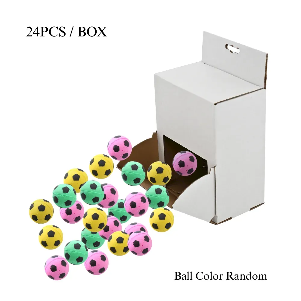 24-pack soft latex foam soccer ball cat toys in assorted colors for wholesale pet supply display.