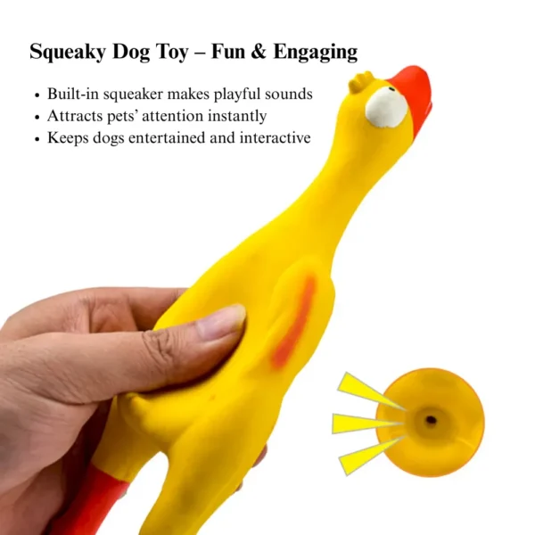 8490dc1412b8a63c7e59aef4cf180a73 Close-up of latex duck dog toy showing texture and squeaker detail.