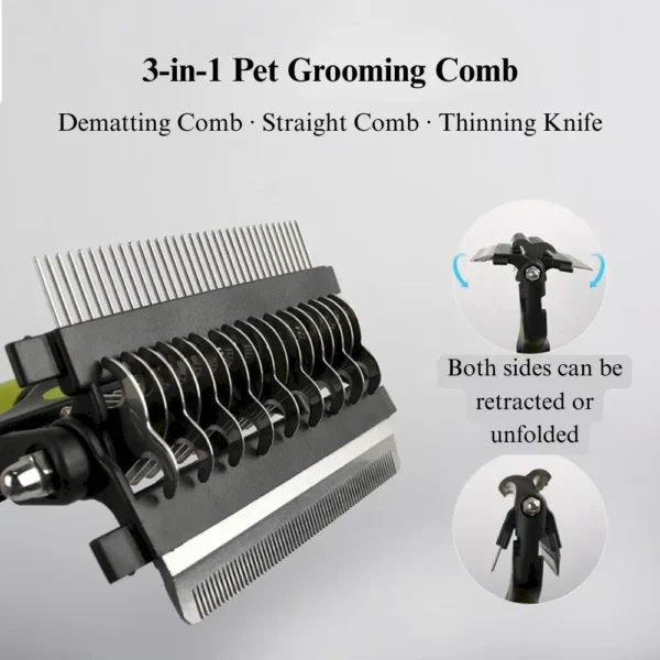 89cf7cbd5868cd4c1dfddca65e6af3d8 3-in-1 grooming tool showing detangling, dematting, and deshedding functions