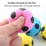 8bb8dfba044c08af23950586e06766bd Close-up of latex foam soccer cat toy ball showing soft texture and soccer design pattern.